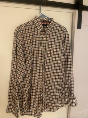 Tommy Hilfiger Dress Shirt Mens 15.5 34/35 Regular Fit Non-Iron Plaid Brown Blue